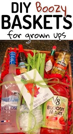 a basket filled with lots of different types of drinks and condiments in it