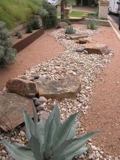 a garden with rocks and succulents in the ground next to a house