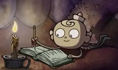 a cartoon character holding a candle and reading a book