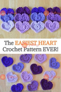 the crochet heart pattern is shown in several different colors and sizes, with text overlay