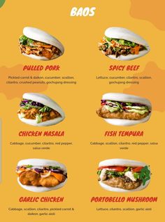 a menu with different types of food on the front and back of it, including burgers