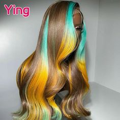 Ying 200% Omber Yellow Blue Colored Body Wave 13x6 Lace Frontal Wig Human Hair 12A Peruvian 13x6 Lace Frontal Wig, Design Chocolate, Color Wigs, Wig Ideas, Honey Blonde Highlights, Glam Makeup Look, Pretty Hair Color, Wig Human Hair, Hot Hair Styles