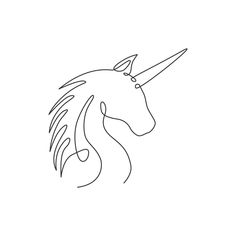 a line drawing of a unicorn's head with long mane and tail, viewed from the side