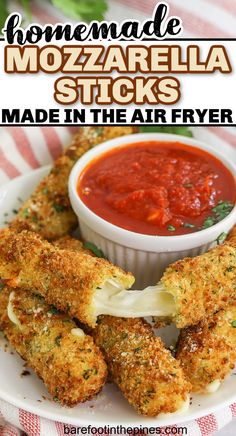 homemade mozzarella sticks made in the air fryer with marinara sauce and parmesan cheese