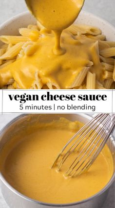 the ingredients to make vegan cheese sauce are shown in two separate pictures, one is being whisked