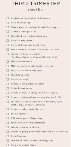 a checklist with the words third trimester written in white on top of it