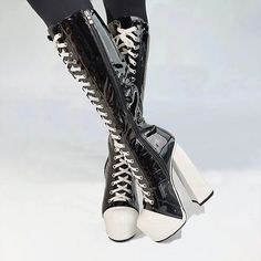 Women's Boots Plus Size Heel Boots Party Daily Leopard Mid Calf Boots Winter Zipper Block Heel Round Toe Sexy Patent Leather Zipper White / Purple Black Red 2024 - $101.99 Gothic Heels, Plateau Boots, Thigh High Platform Boots, Crazy Heels, Shoe Refashion, Boots Plus Size, Goth Shoes, Gothic Shoes, Dr Shoes