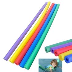 several different colored plastic tubes in the water with a child swimming on one side and an adult