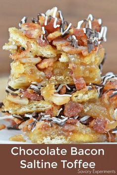 chocolate bacon saltine toffee bars stacked on top of each other