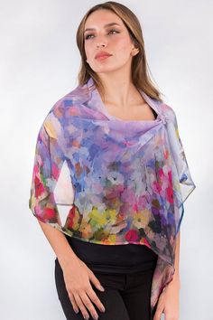 "Our Aloka Scarf is made with 100% Cupro georgette, which is a fine fabric that is made from the linter fiber of the cotton seed. This fabric has the look and feel of silk, but the lightness, easy care, and breathability of cotton. This lavender floral scarf features a beautiful watercolor print, and is very lightweight and soft. Dimensions: 20\" x 60\"" Purple Silk Scarves For Spring, Spring Floral Print Silk Scarf, Silk Scarves For Summer, Fitted Silk Scarf For Summer, Summer Floral Print Silk Scarf One Size, Summer Silk Scarf With Floral Print One Size, Casual Silk Scarves For Spring, Silk Scarves For Spring Casual Wear, Summer Purple Silk Scarf