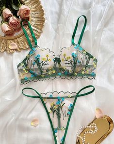 Green Lingerie Floral Set Sheer Boho Bra, Bra Art, Embroidery Boho, Green Lingerie, Women Embroidery, Floral Lingerie, Lingerie Catalog, Floral Set, Bodysuit Lingerie