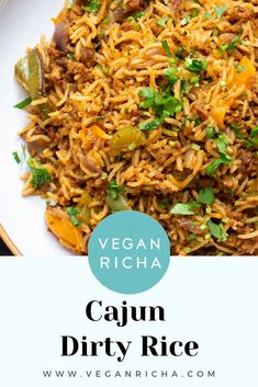 vegan richa cajun dirty rice recipe on a white plate