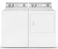 a white washer and dryer sitting side by side on a white surface with the door open