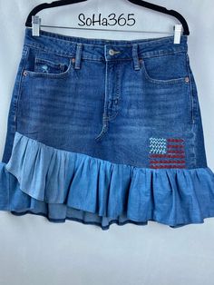 "This is a cute skirt. It has a combination between recycled denim, pure blue cotton.  I hope you would like this denim cotton skirt. I am happy to transform your old jeans into bags, totes, skirts...Pls feel free to message me.  🦋Measurements:  Waist: 31-32\" Skirt length: 19\" Thank you for visiting SoHa365." Cotton Summer Skirt Jeans, Cute Denim Blue Skirt, Summer Dark Wash Cotton Denim Skirt, Fitted Cotton Cutoff Skirt, Cute Cotton Denim Skirt With Pockets, Cute Cotton Mini Skirt, Cute Denim Skirt For Spring, High Rise Cotton Denim Skirt For Summer, Cotton Dark Wash Skirt