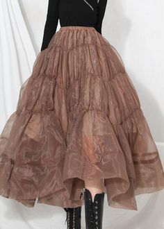 Boho Chocolate Chiffon Cinched Skirts Summer - SooLinen Alternative Chic, Detail Couture, Skirt Streetwear, Skirts Summer, Puffy Skirt, Solid Skirt, Tulle Skirts, Ballet Fashion, Spring Skirts