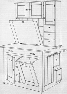 a drawing of an office desk with drawers and cupboards on top of the desk