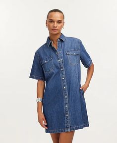 Denim Oversized Short-Sleeve Shirtdress in Santee Wash | Madewell Button Up Tee Dress, Affordable Denim Button-up Shirt Dress, Affordable Medium Wash Denim Shirt Dress, Affordable Denim Dress For Fall Workwear, Denim Short Dresses For Women, Affordable Denim Shirt Dress For Summer, H&m Women Dresses, Chambray Shift Dress, Button Down Denim Dress