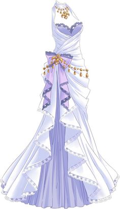 a drawing of a wedding dress with purple and white trims on the skirt, in front of a white background