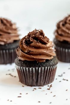 chocolate cupcakes with frosting and sprinkles on a white surface