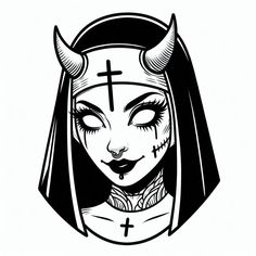 a black and white drawing of a woman with horns on her head, wearing a nun costume