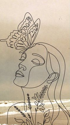 a drawing of a woman with a butterfly on her head