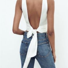 Brand New Zara Open Back Top Backless Top For Spring Date Night, Backless Top For Date Night In Spring, Elegant Backless Top For Day Out, Backless Tops For Date Night In Spring, Elegant Tie Back Top For Spring, Elegant Spring Top With Tie Back, Elegant Tie Back Top For Brunch, Chic White Backless Top, White Tie Back Top For Party