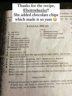 the recipe for banana bread has been placed on top of a piece of parchment paper