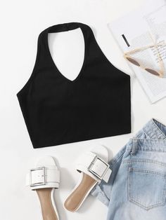 Rib-Knit Crop Halter Top | SHEIN USA Halter Tank Top, Small Crop Tops, Basic Dress, Halter Crop Top, Knit Crop