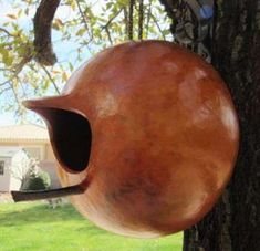 a bird feeder hanging from the side of a tree in front of a house with its mouth open