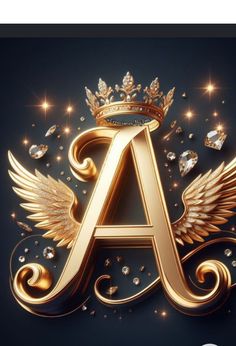 gold letter with wings and crown surrounded by jewels on a dark background, in the middle of