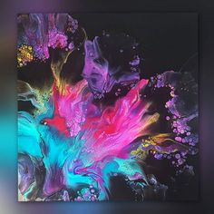 an abstract painting with bright colors on a black background is featured in this image, it appears to be acrylic