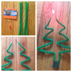 there is a small christmas tree made out of pipe cleaner hoses on the floor