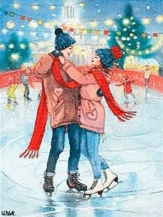 two people skating on an ice rink at night