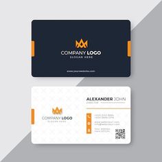 two business cards with the letter m and an orange stripe on them, both in black and