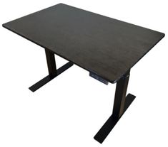 a wooden table sitting on top of a metal stand up leg in front of a white background