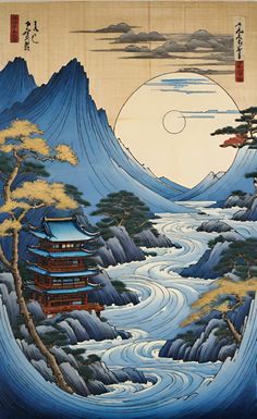 Peinture d'un paysage apaisant bleu. J'espère que cela vous plaira.♡♡♡ #ukiyo-e #japon #artjaponais #drawingideas #peinturejaponaise E Typography, Art Japonais, Ukiyo E, Japanese Painting, Japanese Art, Subjects, Typography, Japan