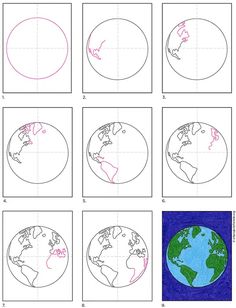 how to draw the earth in four different ways with pictures on each side and numbers below