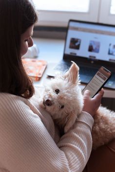 a woman holding a small white dog in her lap while looking at a computer screen