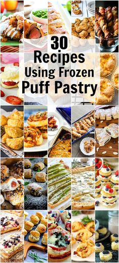 the cover of 30 recipes using frozen puff pastry, with pictures of different pastries and desserts