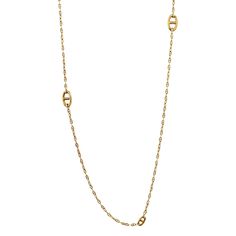 The Hermès Chaîne d'Ancre Yellow Gold Sautoir Necklace is a timeless and versatile piece of jewelry that epitomizes the brand's dedication to luxury and craftsmanship. Measuring 31.5 inches in length, this elegant necklace can be worn either long or doubled up, offering flexibility to suit different styles and occasions. Crafted from luxurious 18k yellow gold, the necklace features the iconic Chaîne d'Ancre links, a design that has become synonymous with Hermès since its creation in 1938. The Chaîne d'Ancre design is inspired by the shape of anchor chains, symbolizing strength and nautical elegance. Each link is meticulously crafted to ensure a smooth, polished finish that reflects light beautifully, adding a touch of brilliance to the wearer. The necklace's substantial length allows it to Luxury Elegant Chain Necklace With Polished Finish, Luxury Long Necklace With Double Chain, Luxury Gold Necklace With Polished Finish, Luxury Yellow Gold Long Chain Necklace, Luxury Clavicle Chain Station Necklace, Elegant Luxury Yellow Gold Long Necklace, Designer Yellow Gold Evening Necklace, Designer Yellow Gold Necklaces For Evening, Designer Yellow Gold Necklace For Evening