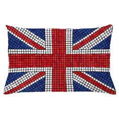 a pillow with the british flag on it's front and back cover in blue, red