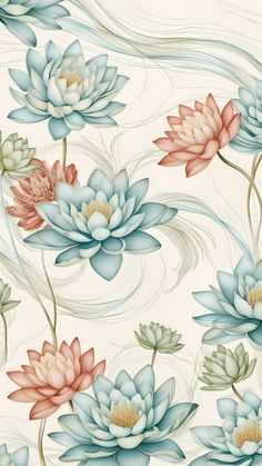 an artistic floral wallpaper with blue and pink flowers