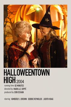 two women in witches costumes talking to each other with the words halloween town written below