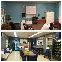 there are two pictures of the same room in this school, one is empty and the other has blue chairs