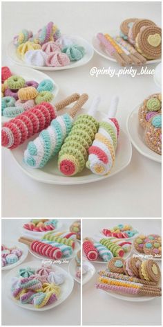 crocheted items are arranged on plates to be used as candy dishes for desserts