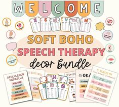 the soft boho speech therapy decor bundle is shown with text and pictures on it