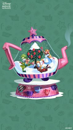 the princess teapot has been decorated with snow and other things to decorate on it