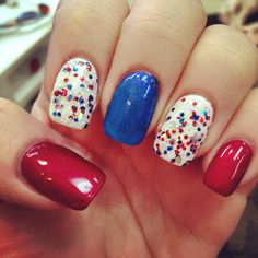 4th of July nails, red white and blue glitter nails. Gel nails Nails Red White And Blue, Cute 4th Of July Nails, Cruise Nails, Blue And White Nails, Blue Glitter Nails, Statement Nail, Fourth Of July Nails