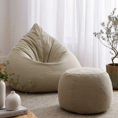 two bean bags sitting on the floor next to a potted plant in front of a window