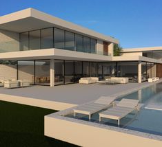 an artist's rendering of a modern house with swimming pool and lounge chairs in the foreground